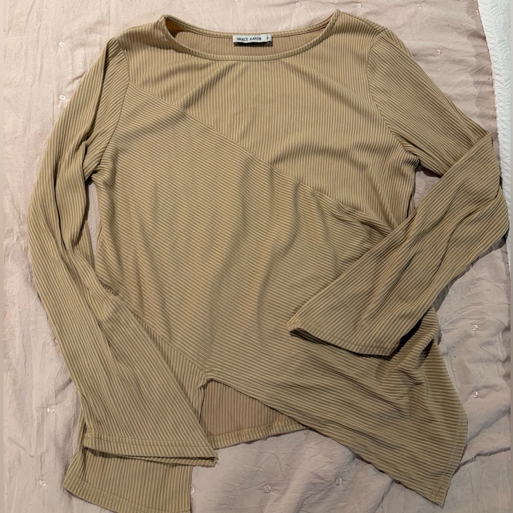 Grace Karin Tan Ribbed Long Sleeve Top
